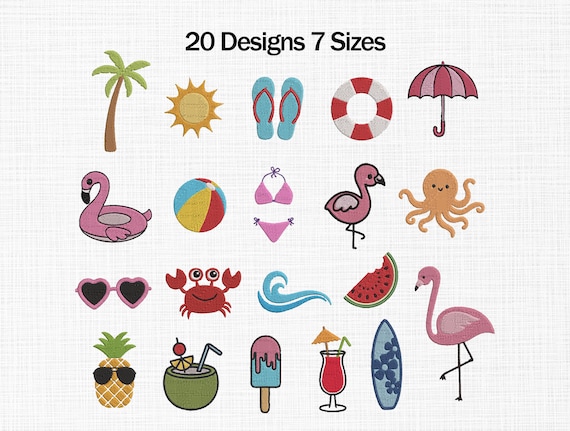Summer Embroidery Design, Mini Summer Set Embroidery Design, Watermelon, Flamingo, Drink, Beach Set Embroidery Design, Mini embroidery Files