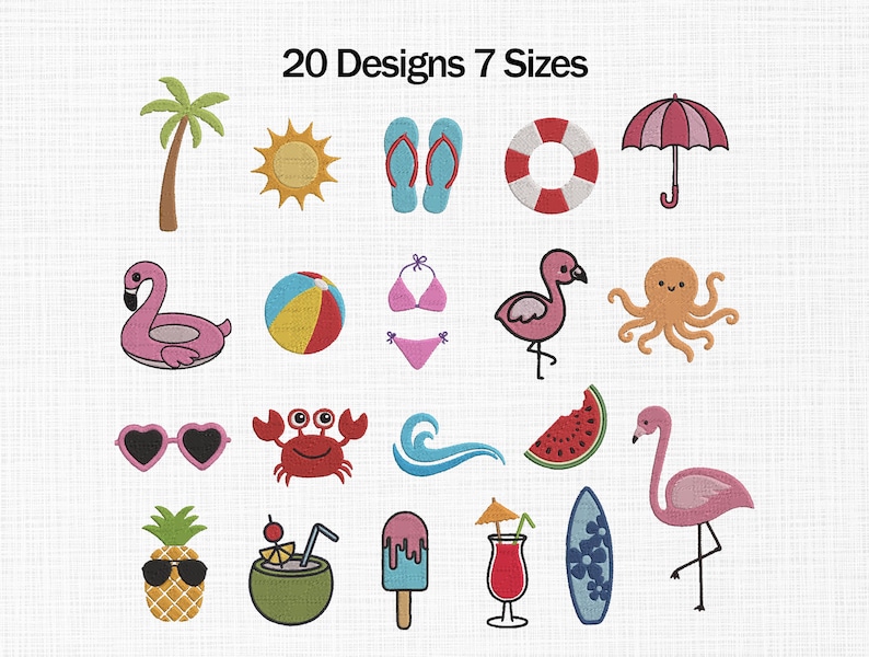 May include: A collection of 20 embroidered summer-themed designs in 7 sizes. The designs include a palm tree, sun, flip-flops, life preserver, umbrella, flamingo, beach ball, bikini, octopus, sunglasses, crab, wave, watermelon, surfboard, and ice cream.