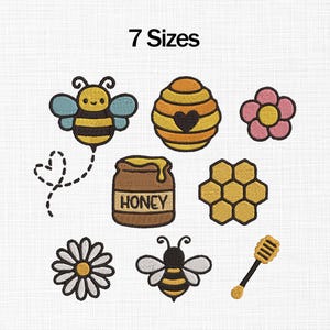 May include: A collection of seven embroidered bee-themed designs. Includes a bee, a beehive, a flower, a jar of honey, a honeycomb, a daisy, another bee, and a honey dipper. The text "7 Sizes" is at the top.