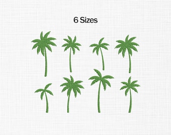 May include: An image featuring eight green embroidered palm trees of varying sizes. The text "6 Sizes" is displayed above the trees. The palm trees are set against a white background.
