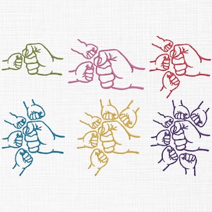 May include: Six embroidered designs showing a large fist bumping a smaller fist. Each design is in a different colour: green, pink, red, blue, gold, and purple. The designs are on a white textured background.