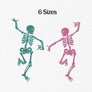 May include: Two embroidered skeleton designs in teal and pink dance on a white background. The text "6 Sizes" is at the top. The skeletons are in a playful pose, with arms and legs outstretched.