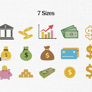 May include: A set of colourful financial icons, including a bank, coins, a rising graph, cash, dollar signs, money bags, credit cards, a piggy bank, gold bars, and a stack of bills. The text "7 Sizes" is at the top.