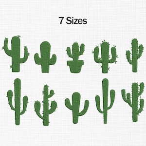 Può includere: Una collezione di sette disegni di cactus verdi ricamati in varie forme e dimensioni, su sfondo bianco. Il testo "7 Sizes" è visualizzato sopra le illustrazioni dei cactus.
