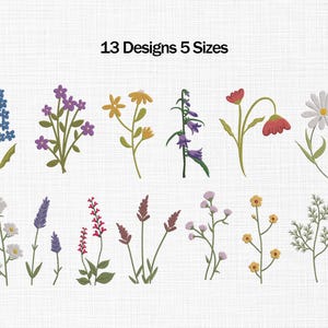 Peut inclure: Image présentant des motifs floraux brodés de différentes couleurs, dont le bleu, le violet, le jaune et le rouge. Le texte "13 Designs 5 Sizes" est inclus. Les fleurs ont des tiges et des feuilles vertes, sur fond clair.