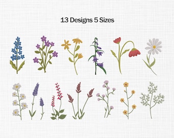 Wildflower Machine Embroidery Design, Flowers Embroidery Designs, Boho Flower, Wildflower Embroidery Bundle, 13 Designs, 5 Sizes, Download