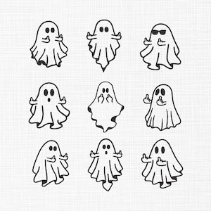 Puede incluir: Nueve ilustraciones de fantasmas de dibujos animados en blanco y negro. Cada fantasma tiene una expresión y un gesto únicos, incluido uno con gafas de sol y varios haciendo la peineta. Los fantasmas están sobre un fondo blanco.