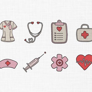 May include: A set of medical illustrations featuring a nurse's uniform, stethoscope, clipboard, first aid kit, nurse's cap, syringe, flower, and a heart with a heartbeat line. Each item is outlined in black with pink and red details.