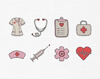 May include: A collection of medical-themed illustrations, including a nurse's uniform, stethoscope, clipboard, first aid kit, nurse's cap, syringe, flower, and a heart with a heartbeat line. Each item is outlined in black with pink and red accents.