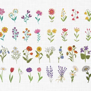 Puede incluir: Una colección de ilustraciones florales coloridas y estilizadas. La imagen presenta varias flores en tonos de rosa, amarillo, rojo, morado y blanco, con tallos y hojas verdes. Las flores están dispuestas en filas y columnas sobre un fondo texturizado blanquecino.