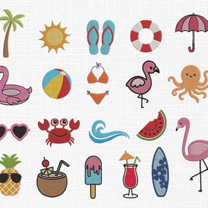 May include: A collection of embroidered summer-themed designs. Includes a palm tree, sun, flip-flops, life preserver, umbrella, flamingo, beach ball, bikini, octopus, sunglasses, crab, wave, watermelon, pineapple, coconut drink, popsicle, cocktail, surfboard, and flamingo.