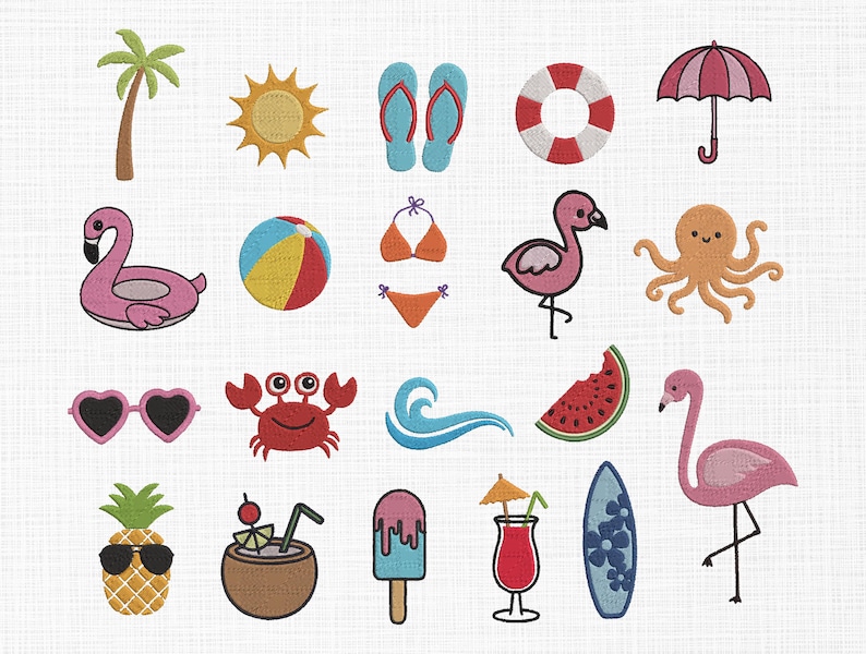 May include: A collection of embroidered summer-themed designs. Includes a palm tree, sun, flip-flops, life preserver, umbrella, flamingo, beach ball, bikini, octopus, sunglasses, crab, wave, watermelon, pineapple, coconut drink, popsicle, cocktail, surfboard, and flamingo.