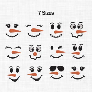 Puede incluir: Una colección de diseños de caras de muñecos de nieve con varias expresiones. Cada cara presenta ojos negros, una nariz de zanahoria naranja y una boca negra sonriente. El texto "7 Sizes" se muestra en la parte superior de la imagen.