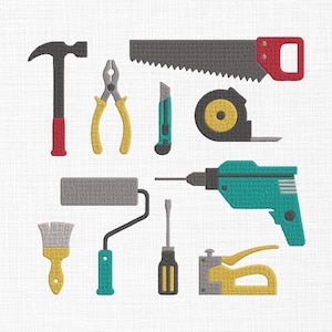 May include: An assortment of illustrated tools, including a hammer, pliers, saw, utility knife, tape measure, drill, screwdriver, staple gun, paint roller, and paintbrush. The tools are in various colors, such as red, yellow, teal, and gray.