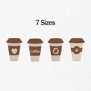 May include: Embroidered coffee cup designs in brown, beige, and white. Each cup features a different design: a heart, the word "Coffee", a coffee bean, and a coffee bean with a stripe. The text "7 Sizes" is above the cups.