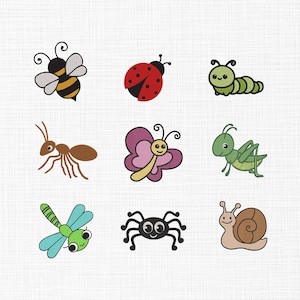May include: A set of nine colorful cartoon insect illustrations, including a bee, ladybug, caterpillar, ant, butterfly, grasshopper, dragonfly, spider, and snail.