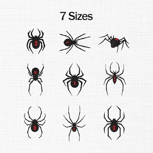 Puede incluir: Una colección de ilustraciones de arañas negras con detalles rojos, cada una con una pose distinta. La frase "7 Tamaños" se muestra encima de los gráficos de arañas. Las arañas están sobre un fondo blanco.