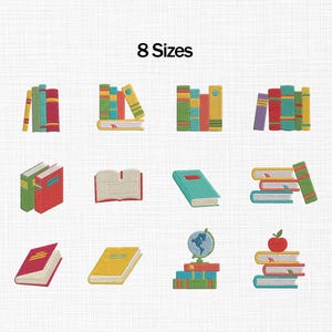 Puede incluir: Imagen que presenta varias ilustraciones de libros coloridos. La imagen incluye pilas de libros, libros abiertos y libros individuales de diferentes colores. El texto "8 Sizes" se muestra en la parte superior. Los libros tienen un estilo de dibujos animados.
