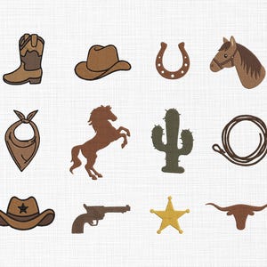 Cowboy Set Embroidery Design, Cowboy hat, Cowboy Shoe, Horse, Gun, Horseshoe, Badge, Cactus, Robe, Cowboy Scarf, Longhorn head Embroidery