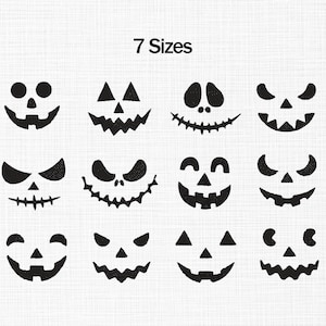 Pode incluir: Desenhos de rostos pretos com tema de Halloween com várias expressões, incluindo sorrisos e olhares zangados. O texto "7 Sizes" é exibido acima dos rostos. Os desenhos estão em um fundo branco.