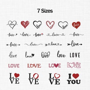 Può includere: Una collezione di disegni a tema cuore e "amore" in vari stili e colori. I disegni includono cuori con la parola "amore" all'interno, la parola "amore" in corsivo e la frase "Ti amo". Il testo "7 Taglie" è in alto.