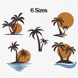 Puede incluir: Una imagen con seis diseños diferentes de una escena de puesta de sol tropical. Cada diseño incluye siluetas de palmeras y un sol dorado. El texto "6 Sizes" está en la parte superior de la imagen.