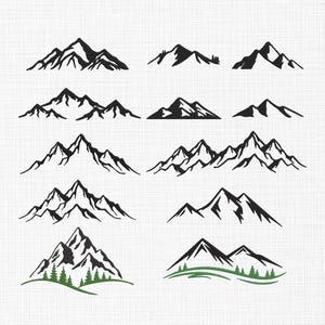 Könnte beinhalten: Ein Satz von 12 schwarzen Bergketten-Silhouettenillustrationen. Die Berge sind in verschiedenen Stilen und Größen, einige mit kleinen Bäumen an der Basis.