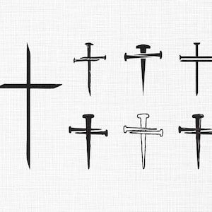 May include: A set of black and white cross designs with nails. The crosses are stylized and have a rough, hand-drawn look.