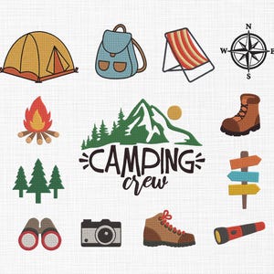Camping Set Embroidery Design, Camping Crew Embroidery, Camping tent, Camp Fire, Hiking, Travel Design, Compass, Shoes, Camera Embroidery