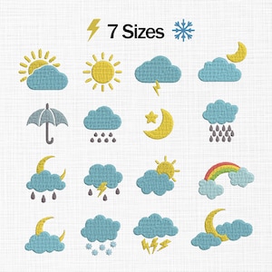 May include: Embroidered weather icons including sun, clouds, rain, lightning, moon, rainbow, and umbrella. The text "7 Sizes" is displayed above the icons. The icons are in yellow, blue, gray, and red.