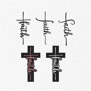 May include: Four black and white images of a cross with the word "faith" written on it. Two of the crosses have a pink "faith" written on them.
