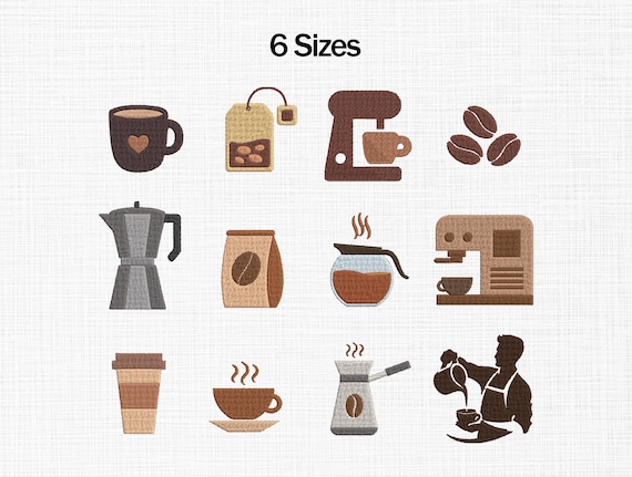 Coffee Set Embroidery Design, Coffee Lovers Embroidery Design, Coffee Cup, Coffee beans, Coffee maker, Coffee Mug, Tea bag Embroidery Design