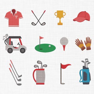 Op de afbeelding: Een verzameling golfgerelateerde illustraties. De afbeelding bevat een rood poloshirt, gekruiste golfclubs, een gouden trofee, een rode baseballcap, een golfkar, een groene golfbaan met een vlag, een golfbal op een tee, golfhandschoenen en een golftas.