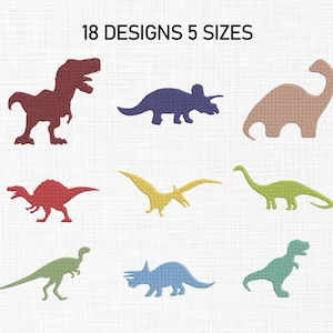 May include: 18 Designs 5 Sizes. A set of 10 colourful dinosaur silhouette embroidery designs. The dinosaurs are in various poses, including standing, walking, and running. The designs are perfect for adding a fun and whimsical touch to any project.