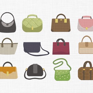 May include: A selection of twelve handbags in diverse styles and colours. The bags include shoulder bags, totes, and satchels, with details like quilted patterns, top handles, and crossbody straps. Colours range from black, brown, and pink to green, beige, and burgundy.