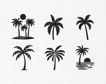May include: Six black silhouette illustrations of palm trees. Some trees are on an island with a sun above them, while others are on a beach with a sunset.