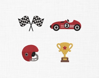 Disegno per ricamo di auto da corsa, file per ricamo di set da corsa, disegno per ricamo di bandiere da corsa, ricamo di casco, ricamo di trofei, mini disegno