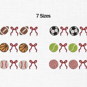 May include: Embroidered sports ball designs including footballs, basketballs, soccer balls, tennis balls, baseballs, and volleyballs. Each design is paired with a red bow. The text "7 Sizes" is displayed at the top.