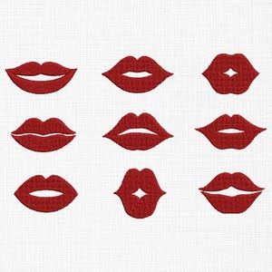 May include: Nine red lips in different shapes and sizes, all outlined in white, against a white textured background.