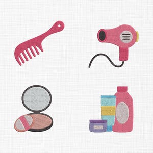 May include: A set of four pink beauty-themed illustrations. Includes a comb, a hairdryer, a compact with a puff, and a collection of beauty products. The items are set against a white background.