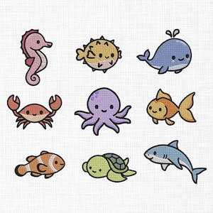 Sea animals Embroidery Design, Mini sea animals bundle embroidery, Cute animals embroidery design, Kids embroidery design 6 Sizes Download