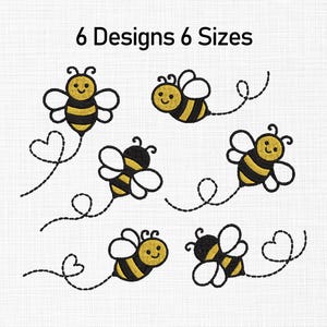 Può includere: Sei disegni di ricamo di api nere e gialle con un cuore e un vortice alla fine della coda di ogni ape. Il testo "6 Designs 6 Sizes" è in alto nell'immagine.