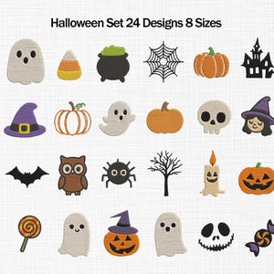 Puede incluir: Un conjunto de parches bordados con temática de Halloween. Los diseños incluyen calabazas, fantasmas, un sombrero de bruja, una telaraña, un caldero, una calavera, un murciélago, un búho, una araña, un árbol, una vela, una linterna, una piruleta y caramelos.