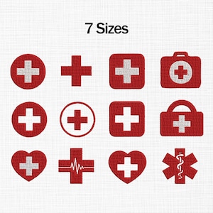 Puede incluir: Una colección de diseños de cruces médicas rojas y blancas en varias formas, incluyendo círculos, cuadrados y un corazón. El texto "7 Sizes" se muestra encima de los diseños. Las cruces están bordadas.