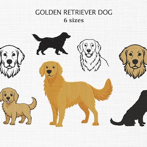 Op de afbeelding: Een afbeelding met zes verschillende Golden Retriever-hondenontwerpen. De ontwerpen omvatten een silhouet, lijntekeningen en gedetailleerde illustraties van de kop en het hele lichaam van de hond. De tekst "GOLDEN RETRIEVER DOG" en "6 sizes" staan bovenaan.