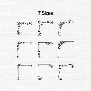 May include: Seven different black corner designs with ornate scrollwork are displayed on a white background. The text "7 Sizes" is at the top. Each corner design has a unique shape and style, suitable for various design projects.