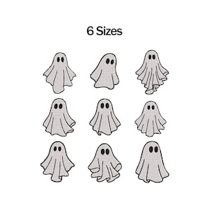May include: Nine embroidered ghost patches in various poses, with black eyes and a white body. The text "6 Sizes" is at the top. These patches are perfect for Halloween-themed crafts and apparel.