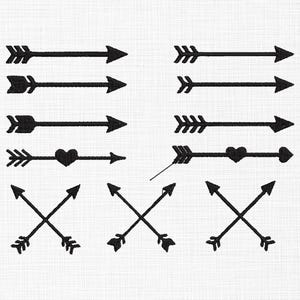 Pode incluir: Um conjunto de gráficos de flechas pretas, algumas com corações e outras com flechas que se cruzam. Essas flechas são perfeitas para adicionar um toque de estilo às suas manualidades, scrapbooking ou designs digitais.