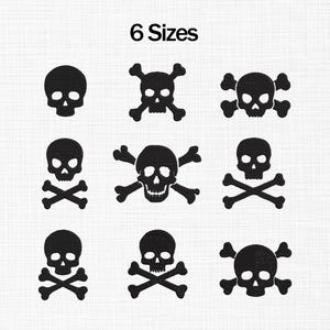 May include: Black skull and crossbones designs in various styles. The image includes the text "6 Sizes" at the top. The skulls are in different poses, some with crossbones, and are suitable for Halloween or pirate-themed projects.
