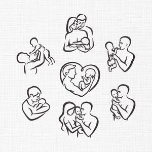 Peut inclure: Illustrations en noir et blanc de parents et de bébés. Les images représentent des parents tenant, embrassant et jouant avec leurs bébés. Les illustrations sont simples et élégantes, mettant l'accent sur le lien entre parents et enfants.